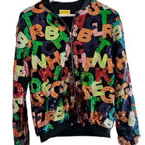 Black Bomber Jacket with Sequin Lettering – Size S, Bling & Chic
